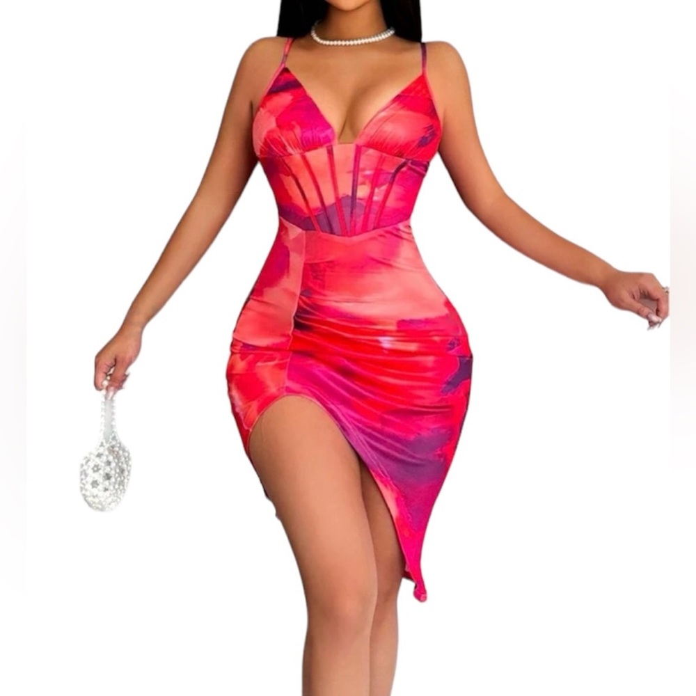 SXY Summer Casual Tie-
Dye Halter Neck Slit Bodycon Dress